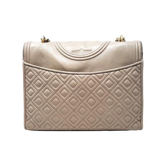 Tory Burch Fleming Convertible Medium Shoulder Bag Quilted Leather Beige Heron - Picture 2 of 14
